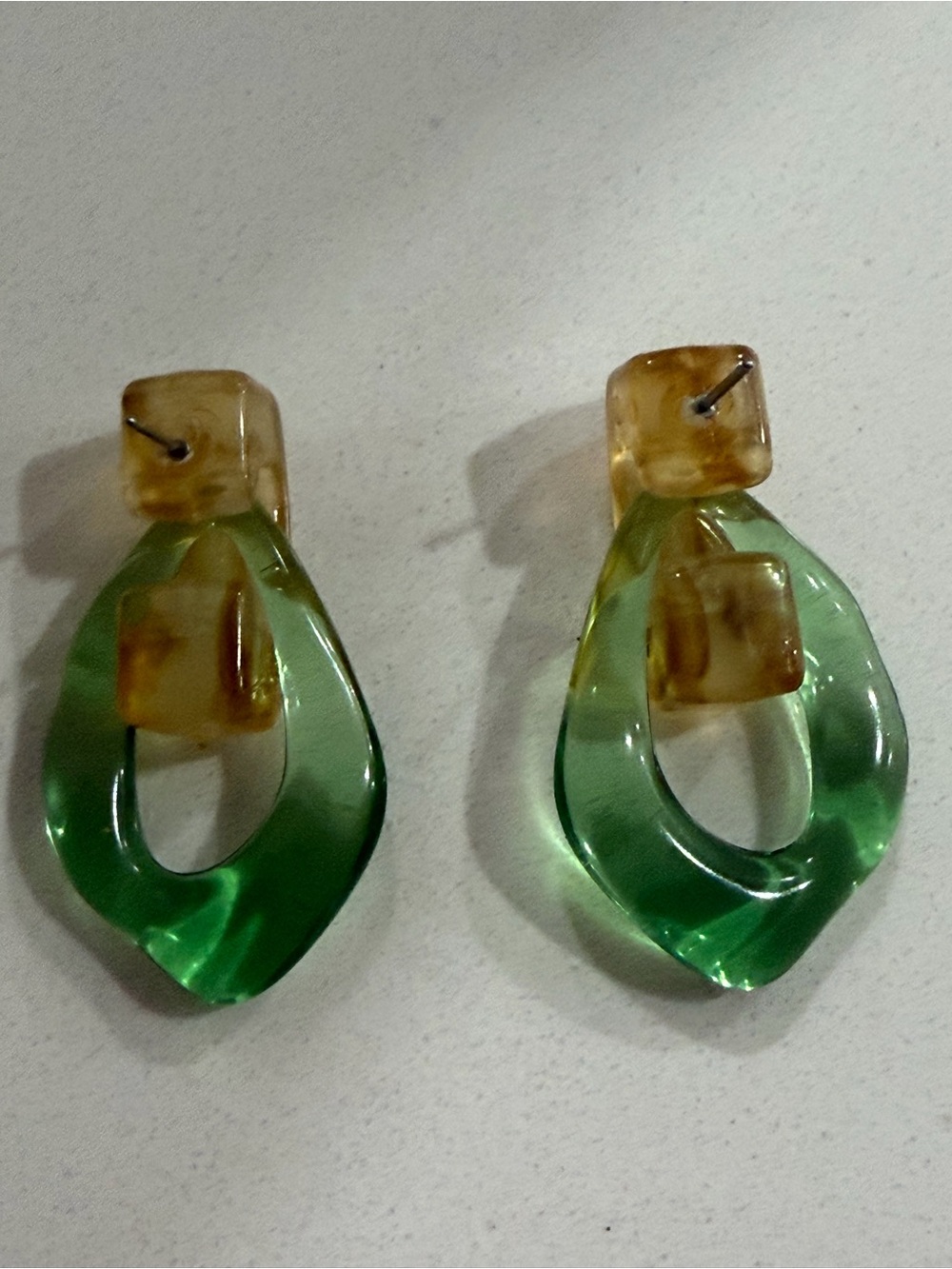 Green and Amber Resin Drop Earrings - Picture 3 of 4